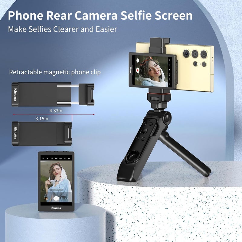 KingMa Phone Vlog Selfie Monitor Screen for Samsung/iPhone- Sync Back Camera to Selfie Screen with Magnetic Phone Clip & Bluetooth Remote for Vlog Live Streaming TikTok (Samsung) - Image 2